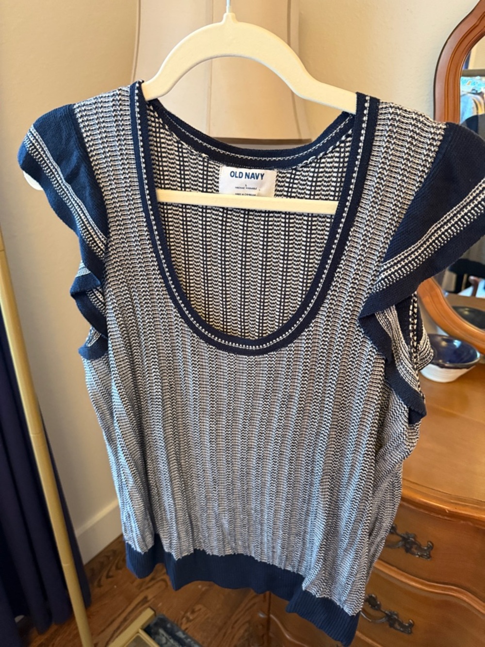 Old Navy Navy & White Striped Knit Flutter Tank
